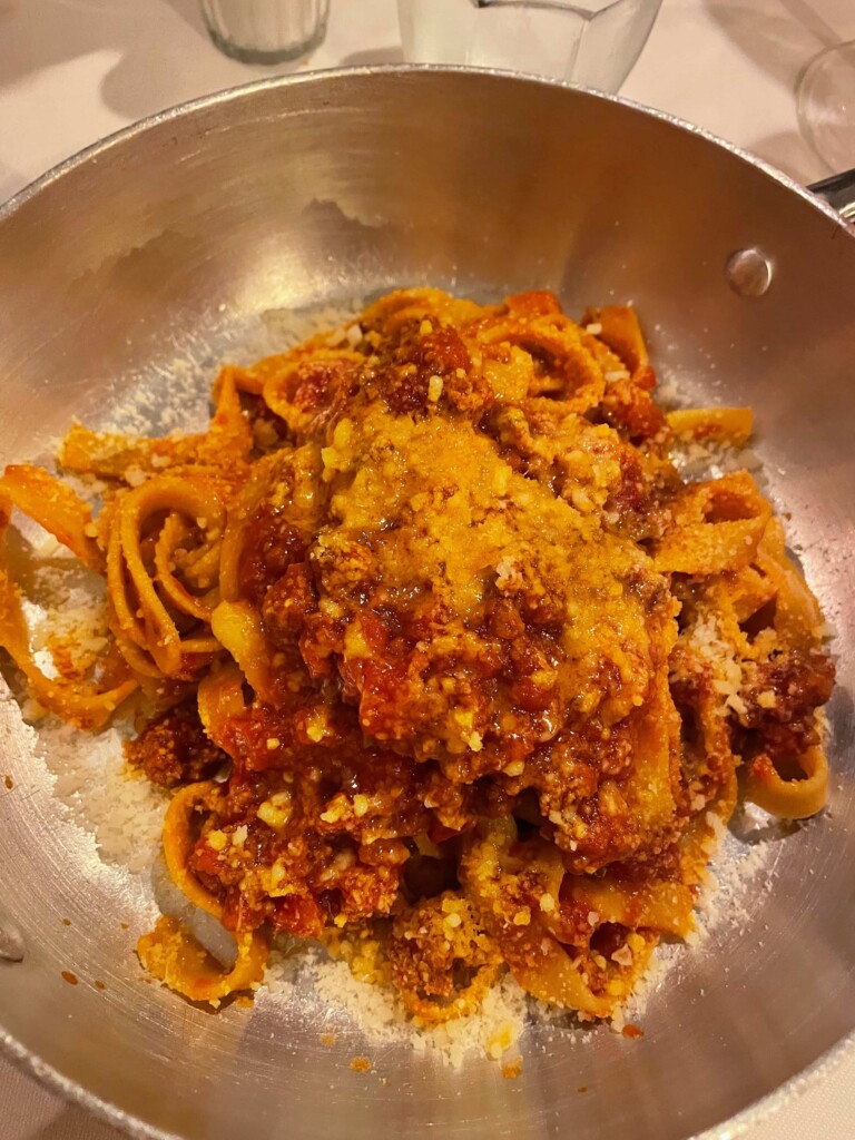 a pan of pasta with sauce
